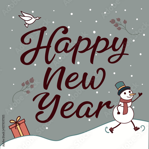 Festive New Year's illustration featuring a snowman, a dove of peace, a gift, and snowflakes on a gray background. Ideal for cards, digital greetings, and holiday design.