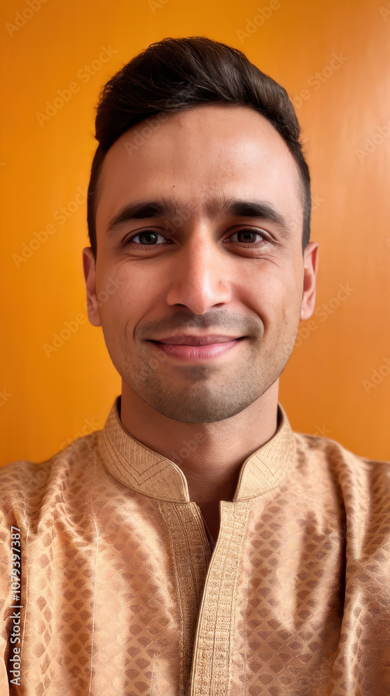 Obraz premium A young South Asian man smiles cheerfully in a traditional golden kurta against a warm orange background.