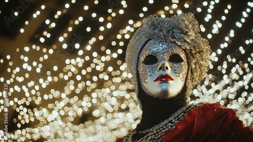 A masked figure adorned in glittering attire stands amidst sparkling lights, capturing a mysterious, glamorous masquerade ambiance. photo