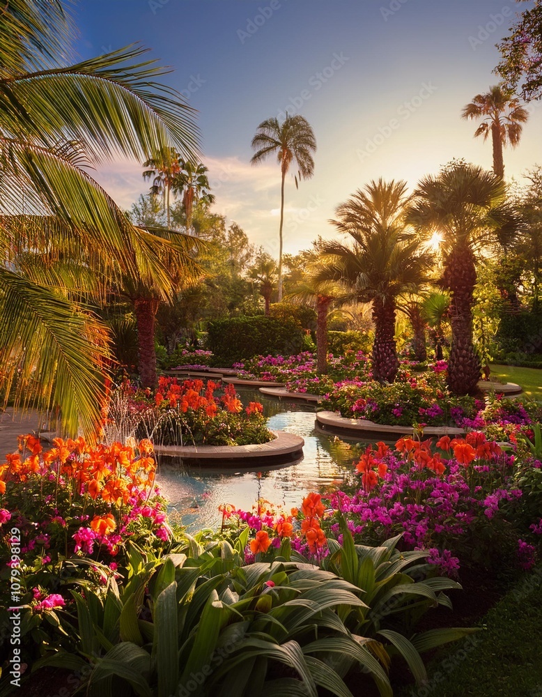 Lush Tropical Garden Filled With Exotic Flowers, Tall Palm Trees, and ...