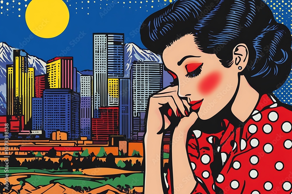 Pop Art Style Illustration of a Woman Looking at the Skyline of Denver, Colorado