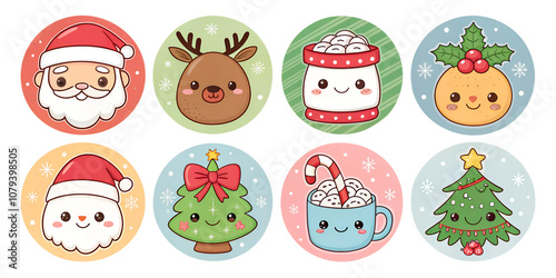 Each sticker is designed with a warm, cozy color palette, highlighting reds, greens, and whites to evoke the Christmas spirit. PNG transparent background use as digital stickers, holiday inv