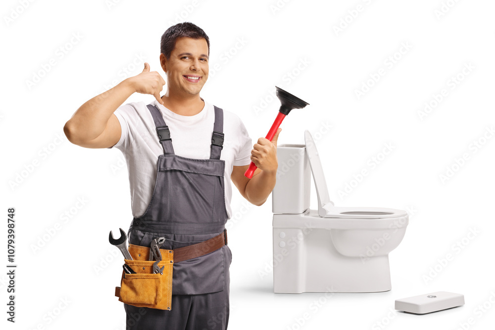 Plumber unclogging a toilet with a plunger Plumber unclogging a toilet with a plunger