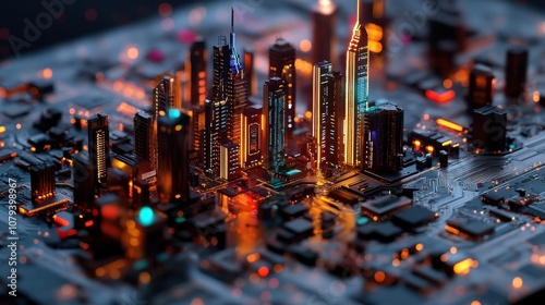 Futuristic city skyline illuminated on a circuit board