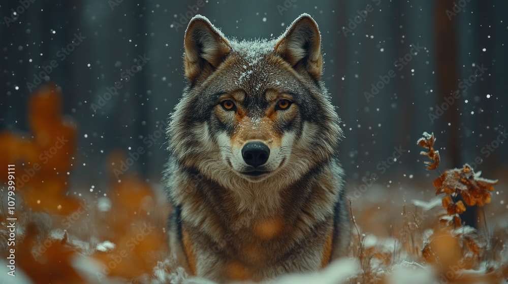 A lone wolf stands in a snowy forest, its piercing eyes staring intently at the camera. The wolf's fur is a mix of brown and gray, and it appears to be alert and ready to hunt. The background A lone wolf stands in a snowy forest, its piercing eyes staring intently at the camera. The wolf's fur is a mix of brown and gray, and it appears to be alert and ready to hunt. The background