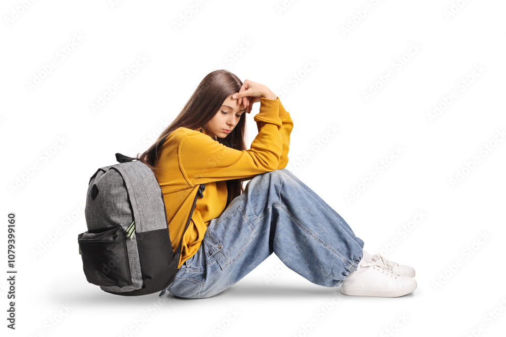 Naklejka premium Sad female teenage student sitting and thinking