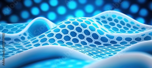 Abstract close-up of a flexible, blue hexagonal mesh structure with smooth, wave-like curves, resembling advanced materials or nanotechnology, ideal for science and technology themes