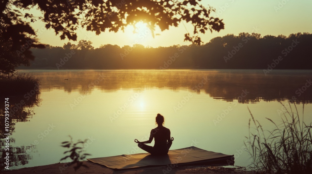 Sitting in lotus position by a lake during sunrise, a person engages in peaceful meditation, surrounded by nature’s calming embrace.