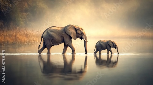 A majestic elephant and its calf traverse a misty river, their reflections shimmering in the gentle dawn light. photo