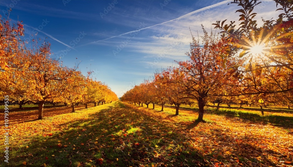 Naklejka premium Sunlit Orchard With Rows of Fruit-Bearing Trees, Golden Apples Hanging From Branches, and Fallen Leaves Creating a Colorful Blanket Across the Orchard Floor in Autumn