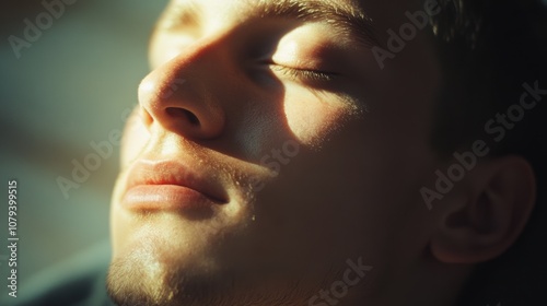 Close-up of a relaxed face in meditation, with closed eyes and a calm expression, gentle shadows on soft skin, minimal background, exuding peace and tranquility for a serene, natural look.