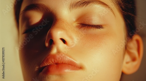 Close-up of a relaxed face in meditation, with closed eyes and a calm expression, gentle shadows on soft skin, minimal background, exuding peace and tranquility for a serene, natural look.