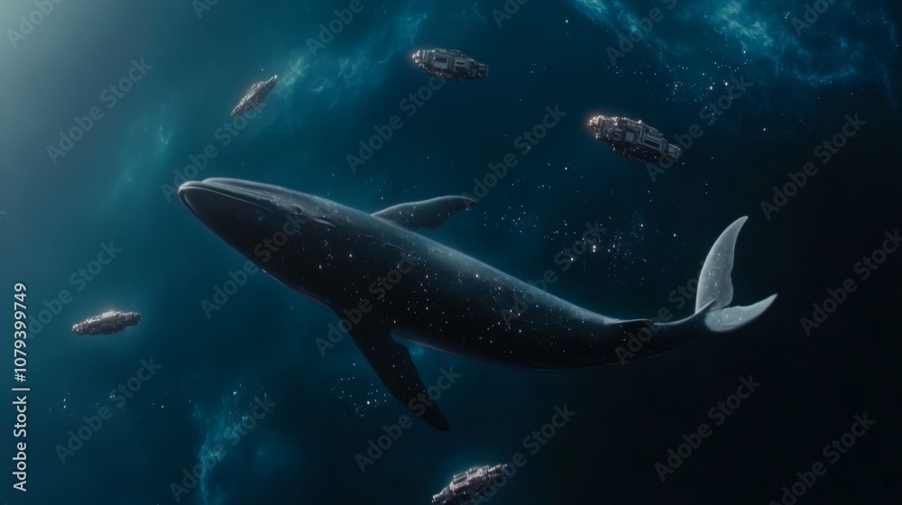 Obraz premium A majestic whale gracefully swims amidst a futuristic space scene, accompanied by spaceships in a cosmic dance.