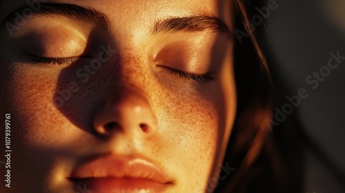 Close-up of a relaxed face in meditation, with closed eyes and a calm expression, gentle shadows on soft skin, minimal background, exuding peace and tranquility for a serene, natural look.