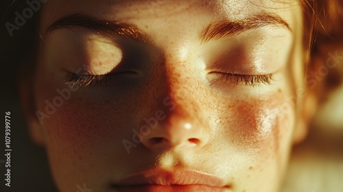 Close-up of a relaxed face in meditation, with closed eyes and a calm expression, gentle shadows on soft skin, minimal background, exuding peace and tranquility for a serene, natural look.