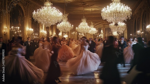 In a grand ballroom, elegant attendees in flowing gowns dance under lavish, sparkling chandeliers. photo