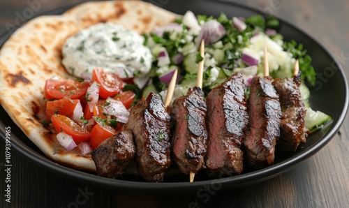 Greek Lamb Souvlaki Plate with Pita, Tzatziki, and Fresh Greek Salad for Culinary Inspiration