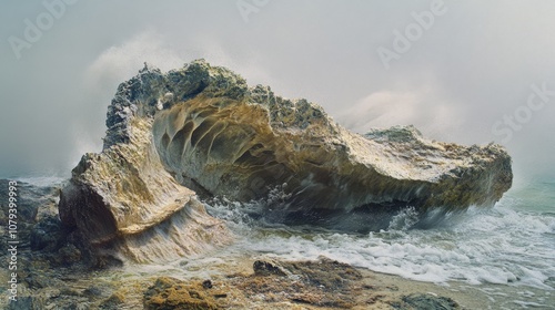 A rugged rock formation battles ocean waves in a misty, mystical scene evoking the raw power and beauty of nature's untamed elements.