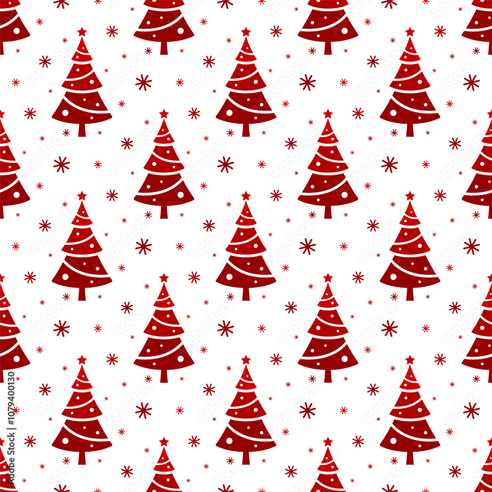 Small red Christmas trees and snowflakes isolated on white background. Cute seamless pattern. Vector simple flat graphic illustration. Texture. Small red Christmas trees and snowflakes isolated on white background. Cute seamless pattern. Vector simple flat graphic illustration. Texture.
