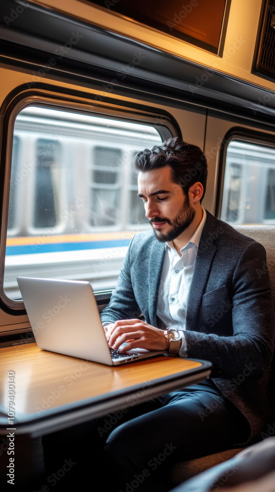 Business traveler working on laptop in modern train for mobile office efficiency Business traveler working on laptop in modern train for mobile office efficiency