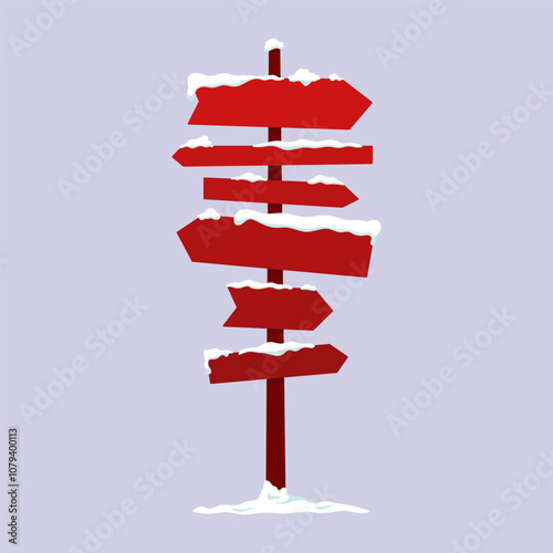 Snow-covered signpost. Colored silhouette. Vertical front view. Vector simple flat graphic illustration. Isolated object on blue background. Isolate.