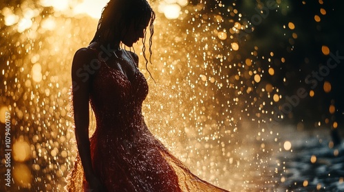 A woman doused in golden sunlight stands amidst shimmering raindrops, creating a harmonious blend of light and water in a magical moment. photo