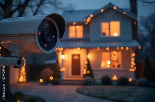 Surveillance Camera Monitoring House with Christmas Lights