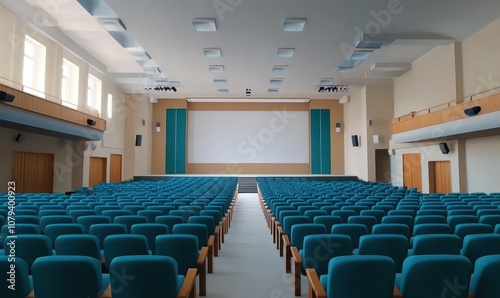Empty cinema hall with blue seats facing a white screen. Generative AI image