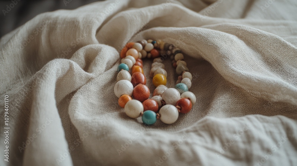 Vivid beads are artistically arranged on a soft, textured surface, capturing a serene yet vibrant moment of artistry and calm.