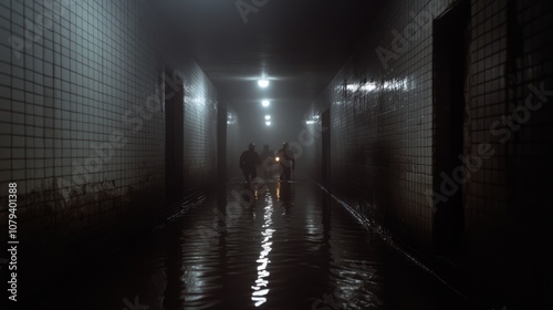 Submerged in mist and dim light, figures wade through a flooded urban tunnel, evoking a sense of mystery and adventure in a cinematic setting.