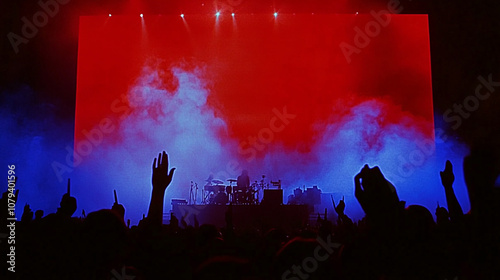 Concert Crowd Silhouettes Under Red and Blue Stage Lights