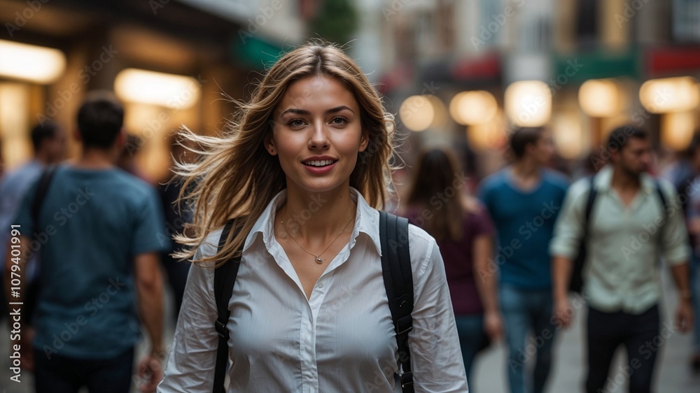 woman walking in motion blurred crowded woman walking in motion blurred crowded
