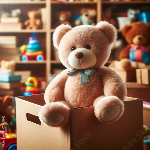 A teddy bear sits atop a cardboard box filled with toys, likely gathered for donation or charitable distribution.