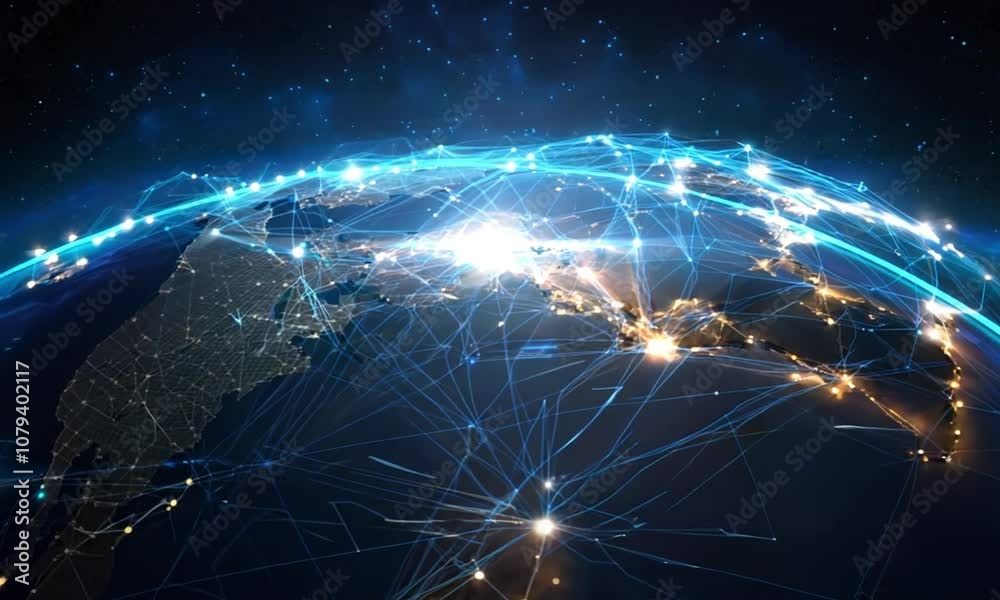 The Earth from a space view, highlighted by radiant networks symbolizing data transmission, technological interactions, and connectivity, all set against the celestial panorama of a starlit night.