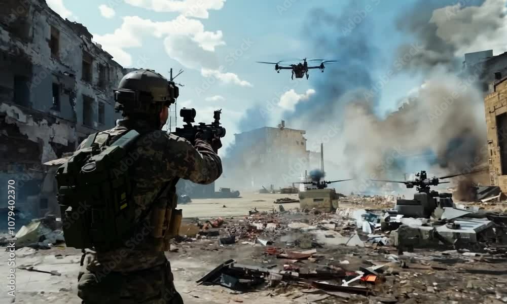 Back view of a soldier in full combat gear, running forward aggressively firing a rifle, with a drone over his head against the backdrop of ruins in the city and burning military equipment. Urban comb