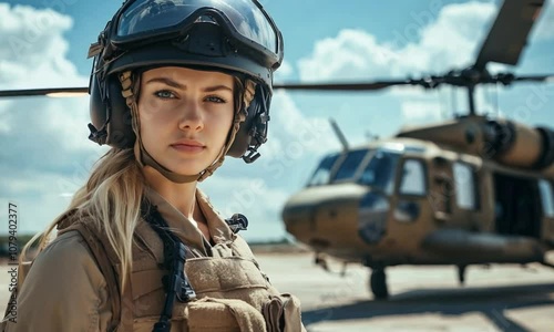 Young blonde female soldier helicopter pilot in military gear and helmet standing against helicopter background with copy space, representing women in military service and airborne missions