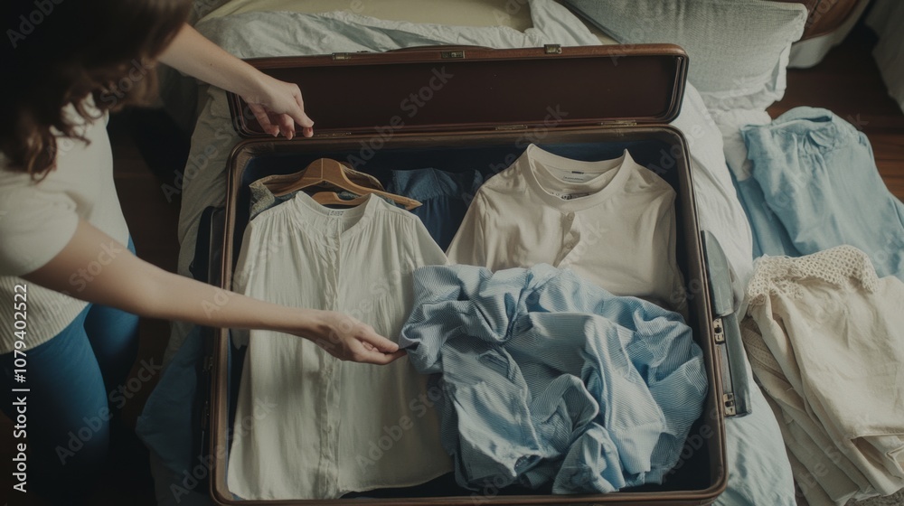 A suitcase on a bed is being packed neatly with clothes, suggesting preparation for a trip or vacation. A suitcase on a bed is being packed neatly with clothes, suggesting preparation for a trip or vacation.