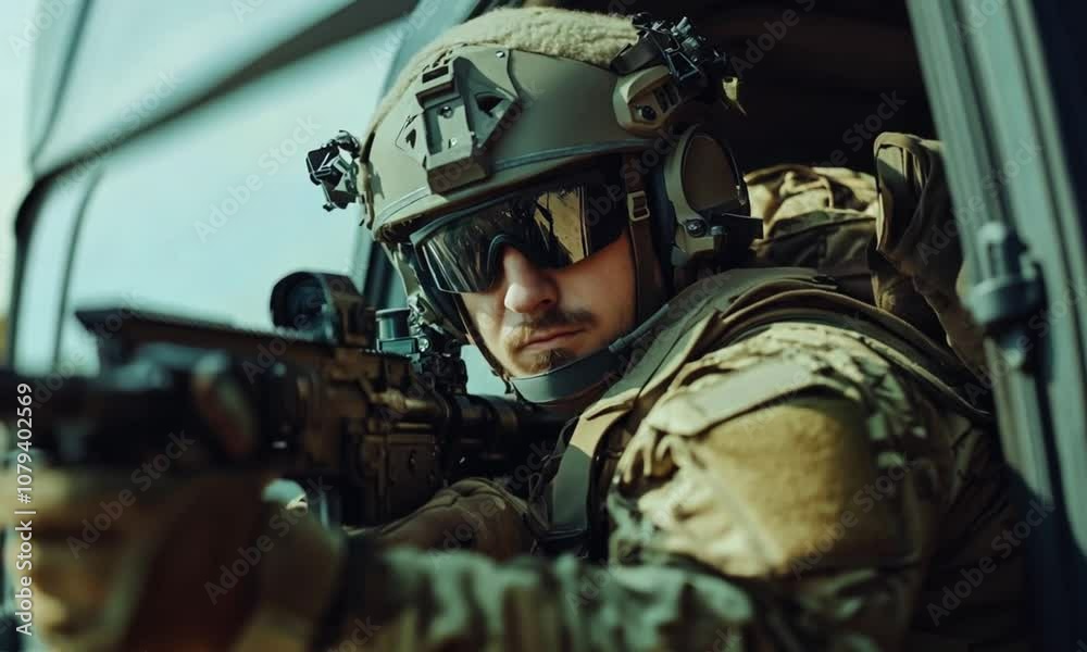 A male commando in full tactical gear and helmet holds his rifle in full combat readiness in the cabin of a military vehicle with replicas of rescue operations.