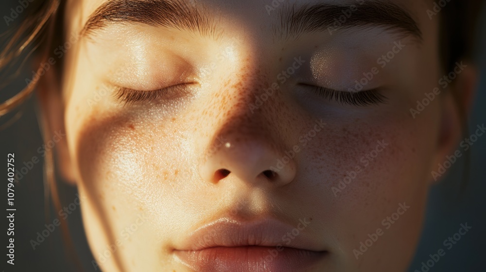 Fototapeta premium Close-up of a peaceful face with closed eyes and a soft expression, gentle light casting subtle highlights across relaxed facial features, neutral blurred background creating a calming effect.