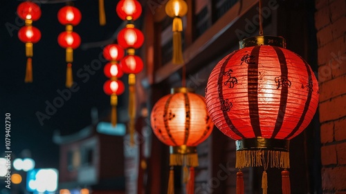 Red lanterns glowing at night in traditional Asian street, festive Chinese New Year decor creating a warm ambiance