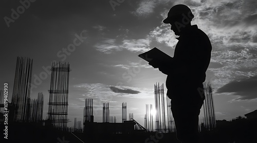Silhouette an engineer discussing construction plans and directives at a construction site.