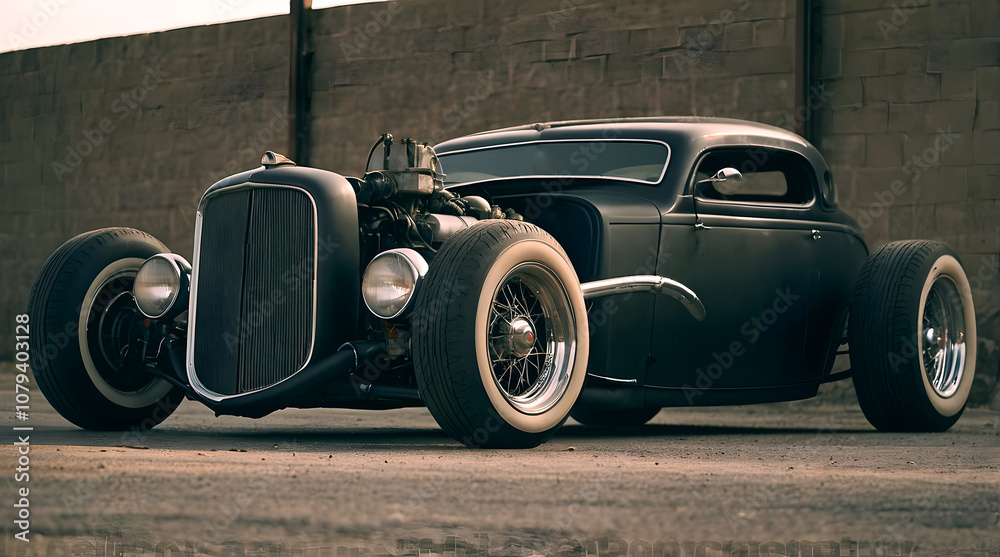 Beautiful unique vintage hot rod car parked in the street , automotive background, tuning template, auto transport