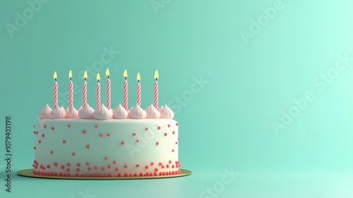 Minimalistic birthday cake with candles on a mint green background featuring space for text ideal for a banner design