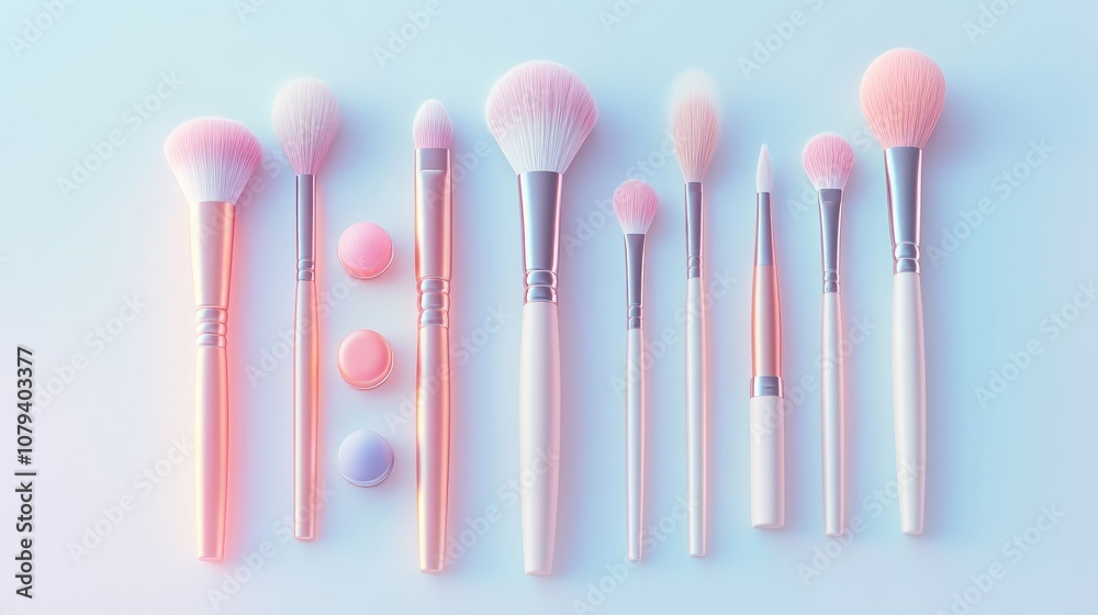 Makeup brushes alongside decorative cosmetics arranged on a white background shot from above Makeup brushes alongside decorative cosmetics arranged on a white background shot from above
