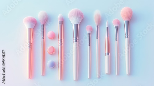 Makeup brushes alongside decorative cosmetics arranged on a white background shot from above