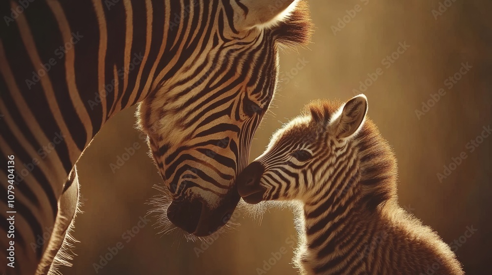 Fototapeta premium A tender moment of a zebra mother bonding with her foal under warm, golden light, showcasing love and familial connection in the wild.