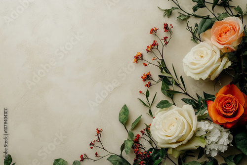 White and orange roses with green leaves and small red berries are arranged on a light beige background photo