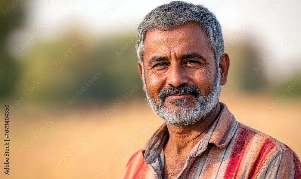 Generative AI image of confident adult male farmer looking at camera while standing on farm against blurred nature and cloudless sky Generative AI image of confident adult male farmer looking at camera while standing on farm against blurred nature and cloudless sky