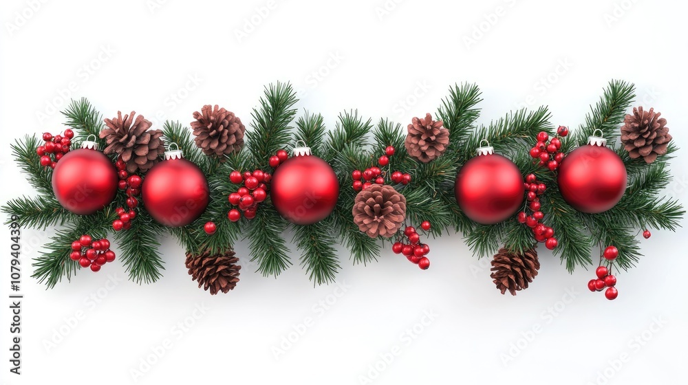 Fototapeta premium Christmas garland featuring red hanging ornaments pine cones and berries on a clean white background