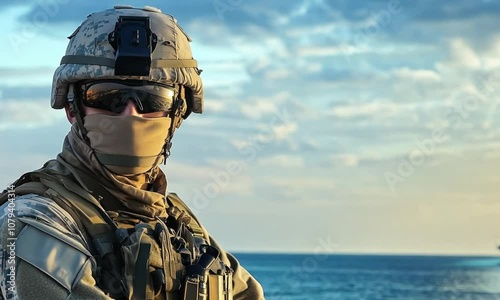 Military paratrooper, commando in camouflage and tactical mask, standing against the ocean. Copy space